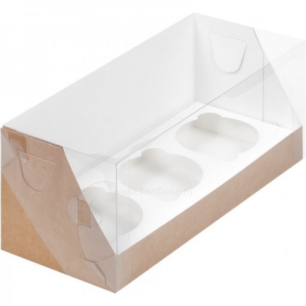 Коробка под 3 капкейка с пластиковой крышкой (крафт), 240*100*100 мм