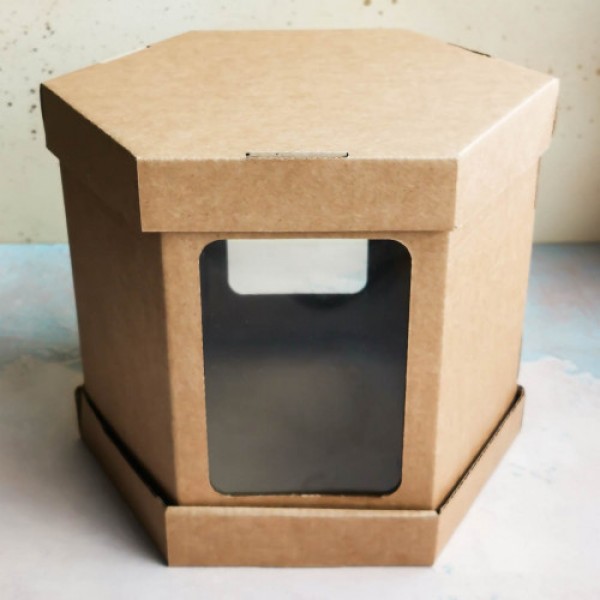 Коробка для торта с окном (крафт) 6 граней, 260*260*260 мм