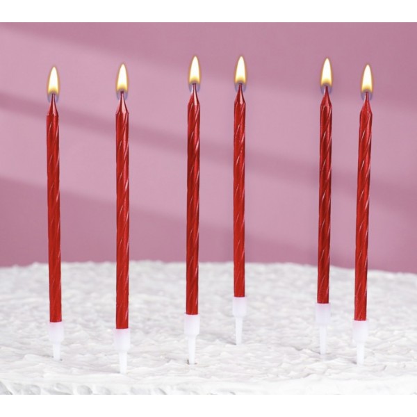 Свечи в торт витые с подставкой, 6 шт, 14 см, рубиновые
