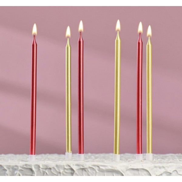 Свечи в торт "Ройс", 6 шт, высокие, 14 см, бордовые и золотые