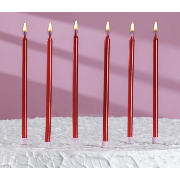 Свечи в торт "Ройс", 6 шт, высокие, 14 см, рубиновый металлик