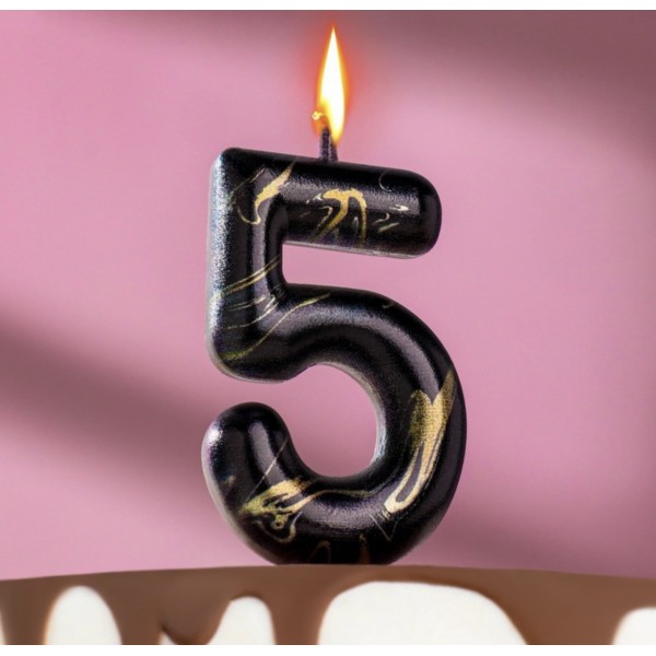 Свеча в торт "Черный мрамор", цифра "5"