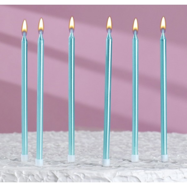 Свечи в торт "Ройс", 6 шт, высокие, небесно-голубой металлик