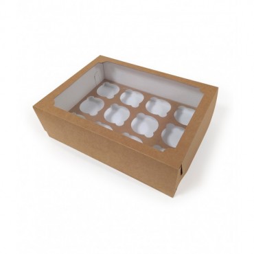 Коробка под 12 капкейков с прямоугольным окошком (крафт), 320*235*100 мм